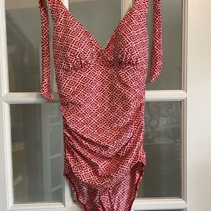 L.L. Bean Red and White One Piece Halter Swimsuit